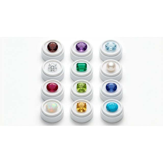 Twelve colourful cut birthstone gemstones arranged in a grid of gem jars