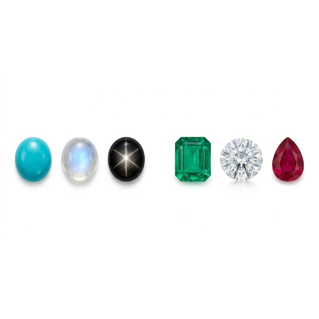 Smooth domed cabochons beside faceted cut gemstones, comparing two gem cutting styles
