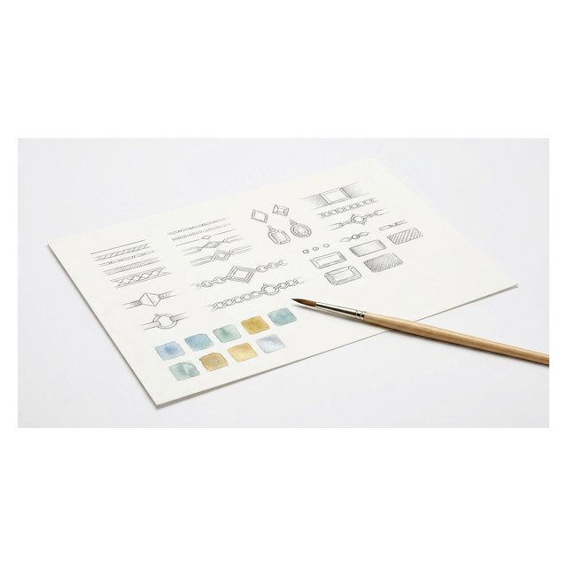 A jewellery design study page with pencil line, shape and texture studies and colour swatches