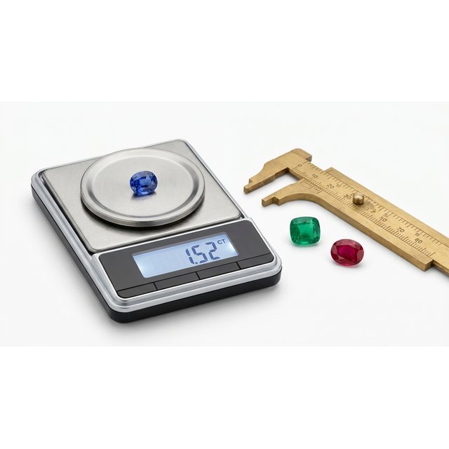 A precision digital scale weighing a blue sapphire with callipers and loose gems