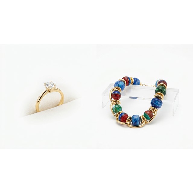 A fine gold diamond ring beside a colourful fashion jewellery necklace