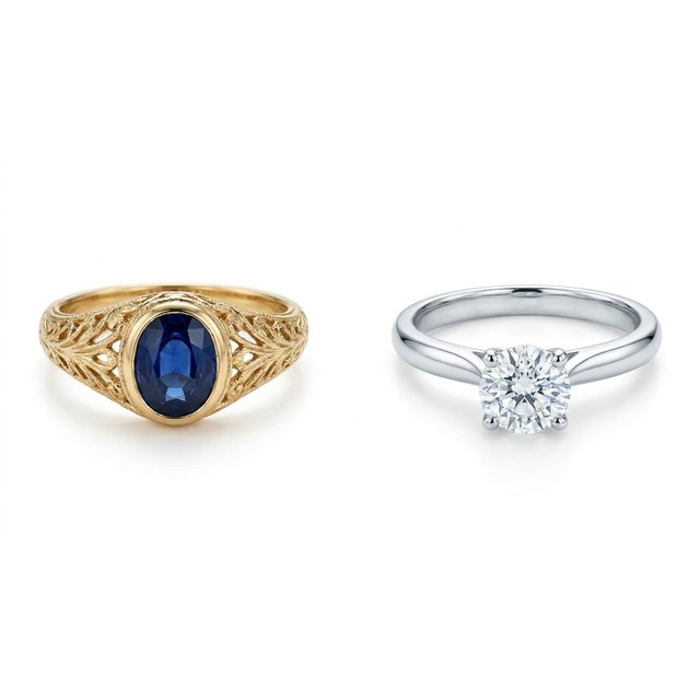 An antique bezel-set ring beside a modern prong-set diamond ring, comparing gemstone settings