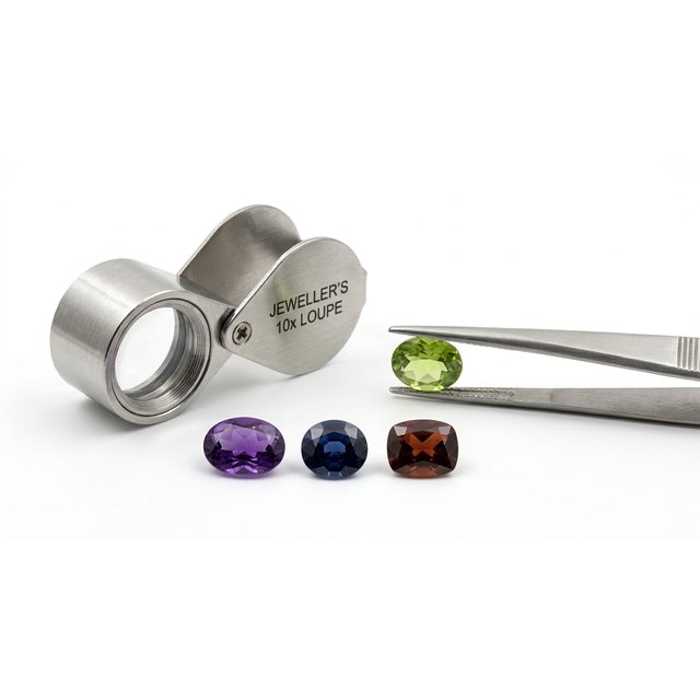 A jeweller's loupe, tweezers and loose coloured gemstones arranged for gem identification