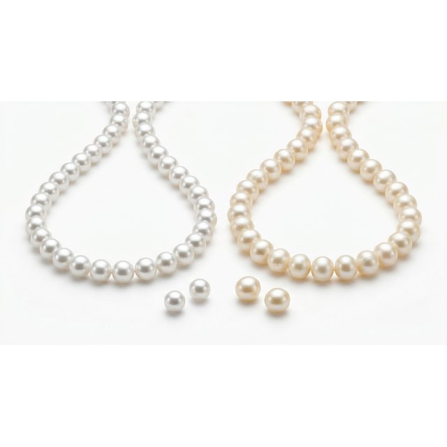 White saltwater pearls beside cream freshwater pearls, strands and loose