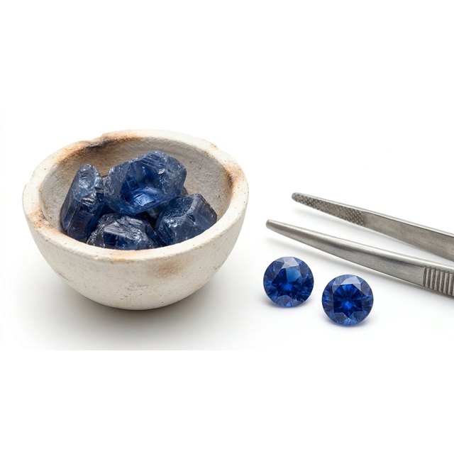 Sapphire crystals in a crucible beside cut blue sapphires and tongs, illustrating gemstone heat treatment