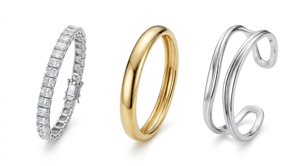 Bracelet types: tennis bracelet, solid bangle and wide cuff