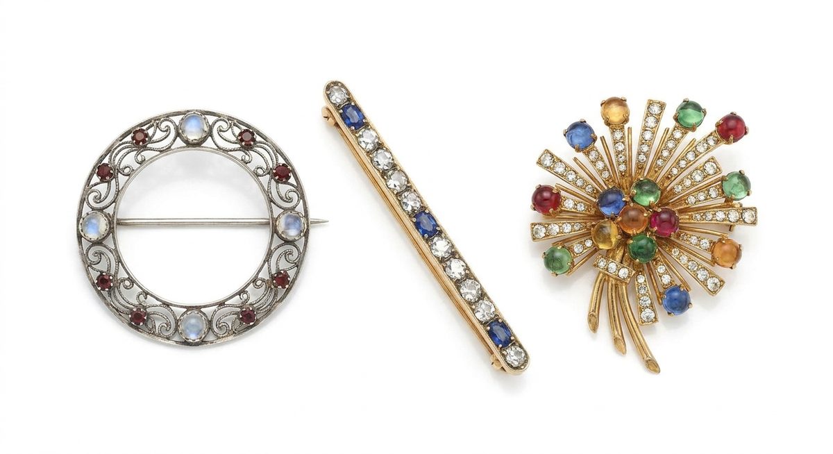 Brooch types: circle pin, bar pin and sunburst spray brooch