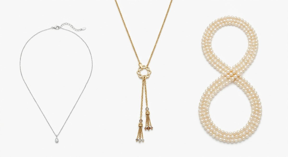 Necklace styles: pendant on chain, lariat and long rope necklace