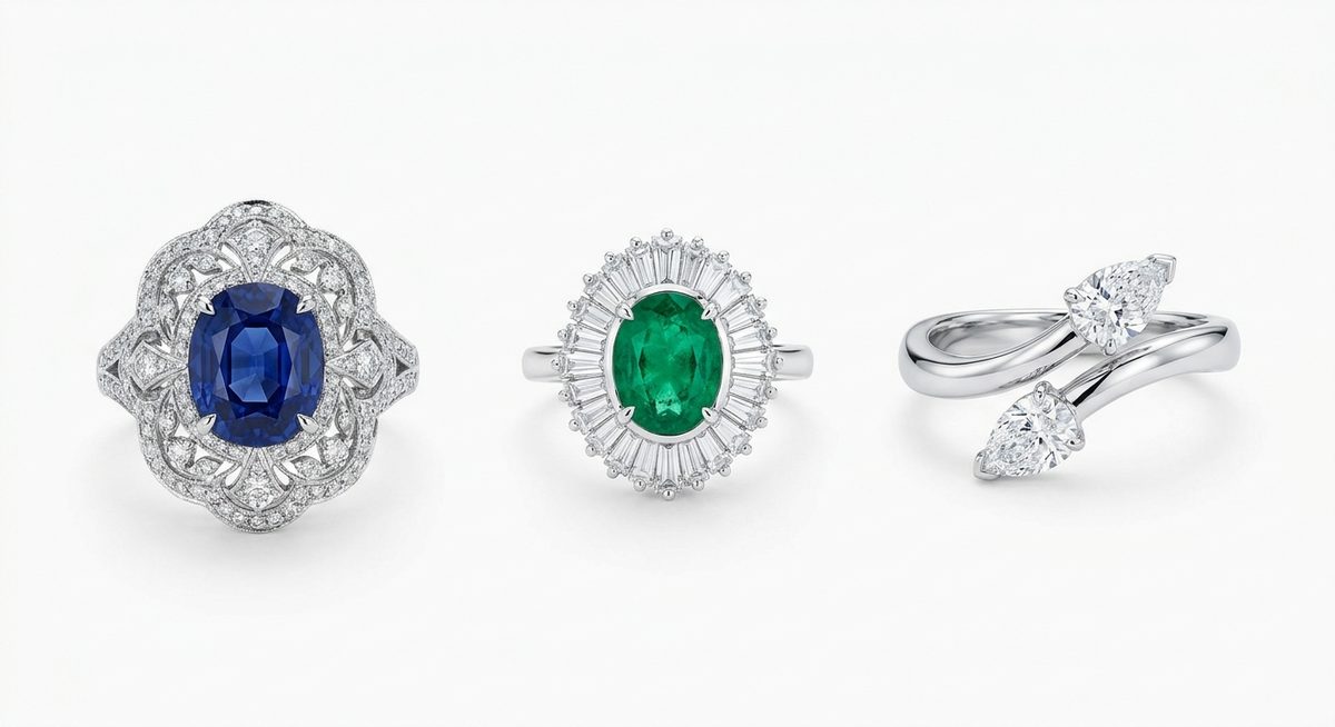 Named ring styles: cocktail ring, ballerina ring and bypass crossover ring